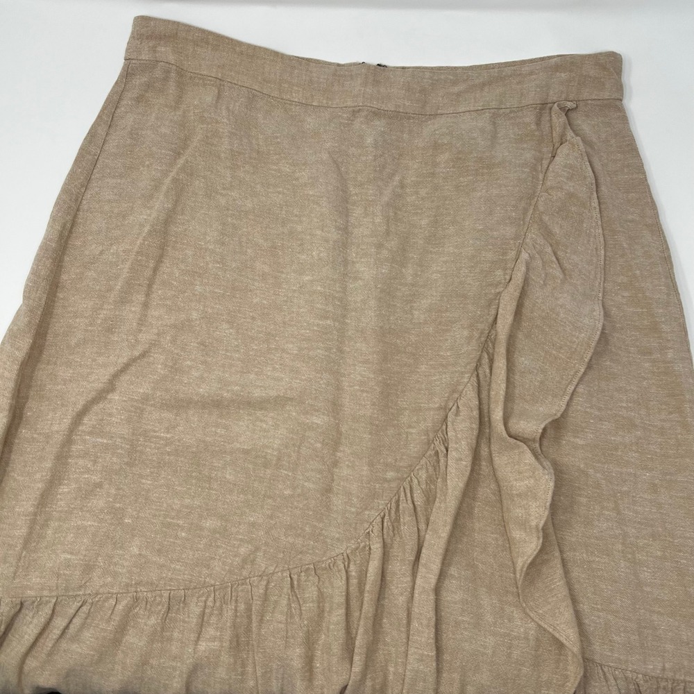 Madewell Linen Blend Ruffle Faux Wrap Midi Skirt Tan Beige Size 12